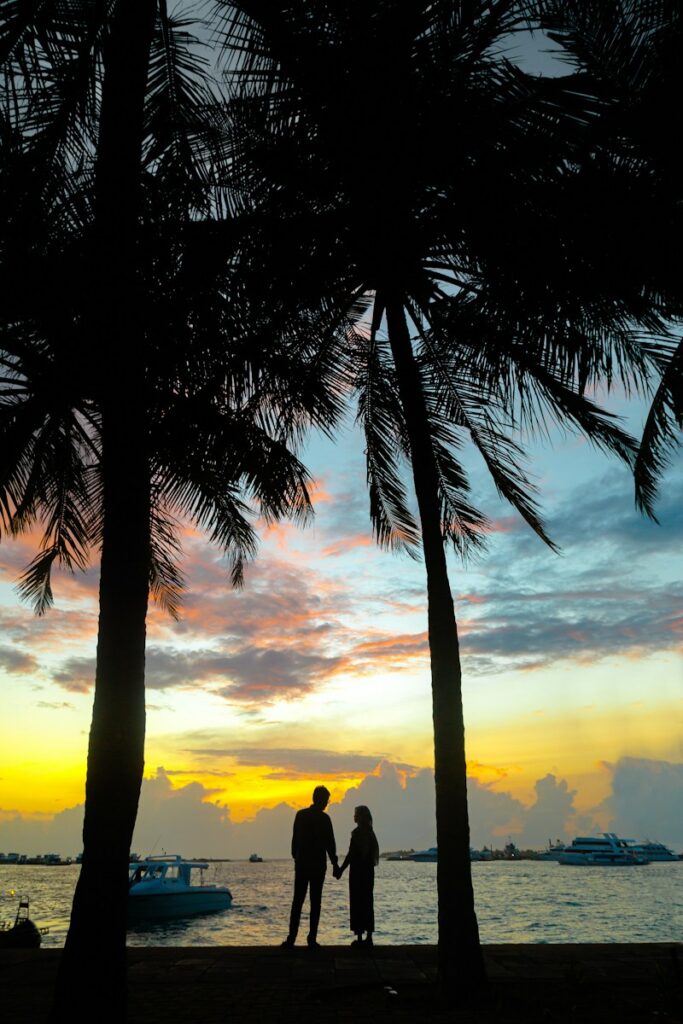 silhouette of man and woman standing beside palm tree during sunset