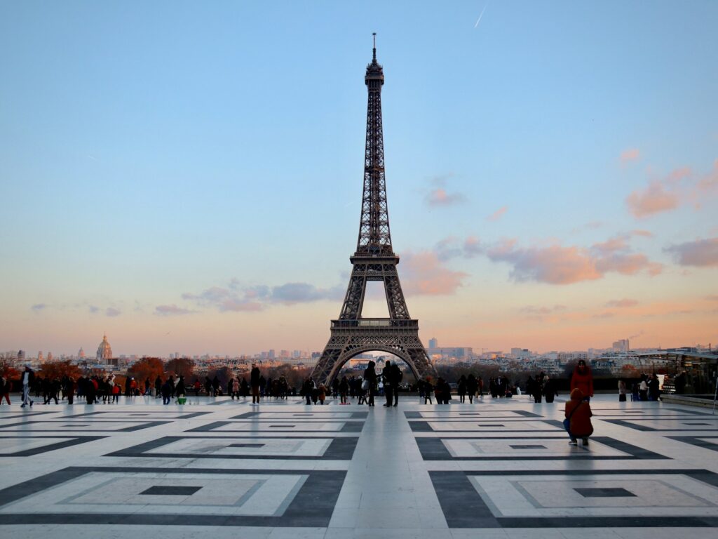 eiffel tower in paris during sunset